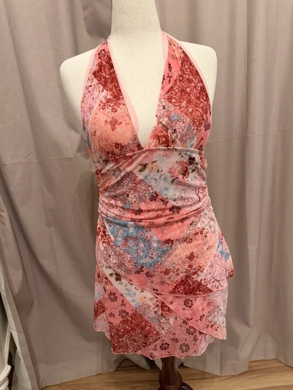 Halter Patchwork Floral Mini Dress in Pink